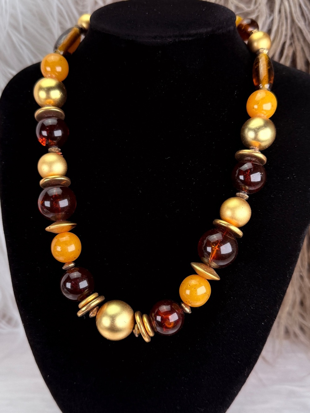 Vintage Amber Brown Golden Yellow Gold Tone Chunky Bead Statement Necklace